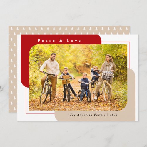 Modern Curved Photo Red and Tan Peace & Love Holiday Card - This Christmas photo card features a horizontal photo frame with two curved corners. This same modern shape appears in the background in a dark red and tan color.  Personalize with your favorite horizontal photo and your family name.