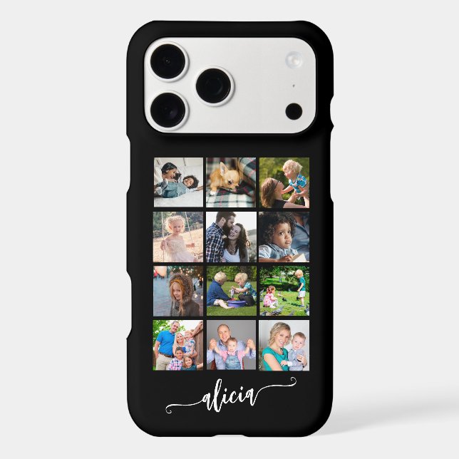 Modern custom 12 photo collage name black Case-Mate iPhone case (Back)