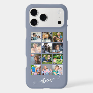 Modern custom 12 photo collage name grey iPhone 17 pro max case