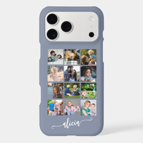 Modern custom 12 photo collage name grey iPhone 17 pro max case