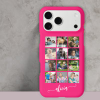 Modern custom 12 photo collage name hot pink