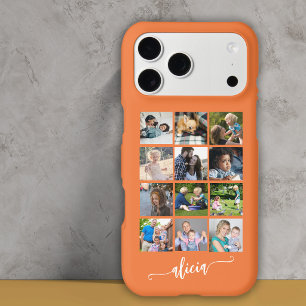 Modern custom 12 photo collage name orange iPhone 17 pro max case