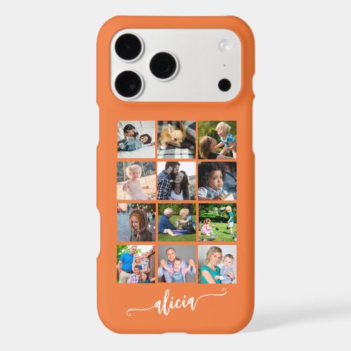 Modern custom 12 photo collage name orange iPhone 17 pro max case