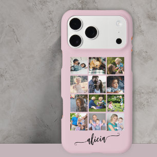 Modern custom 12 photo collage name pink iPhone 17 pro max case