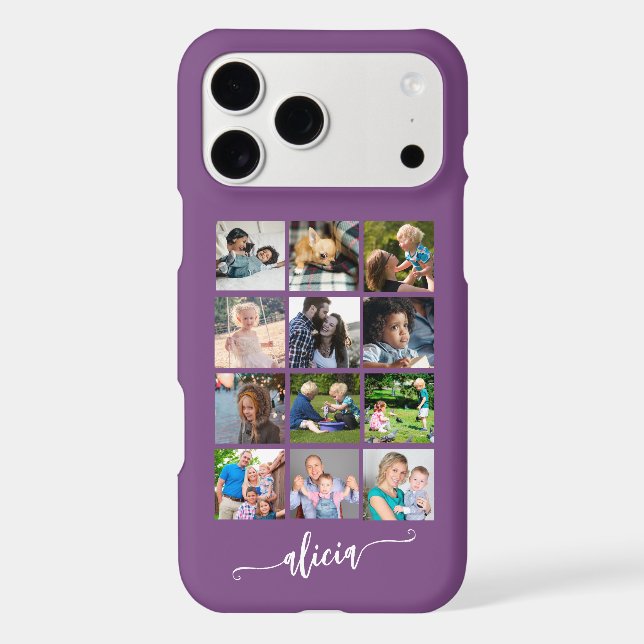 Modern custom 12 photo collage name purple  Case-Mate iPhone case (Back)
