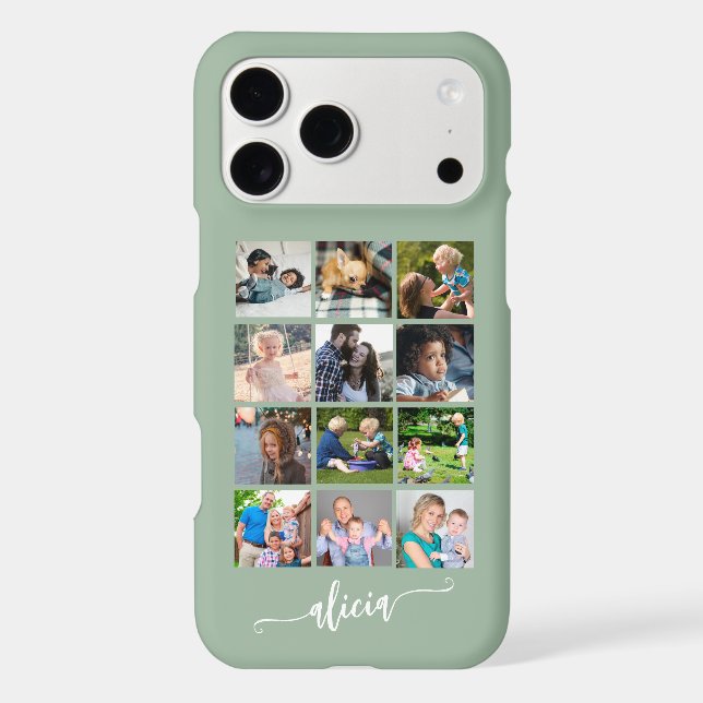 Modern custom 12 photo collage name sage green Case-Mate iPhone case (Back)