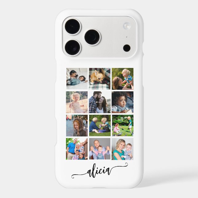Modern custom 12 photo collage name white Case-Mate iPhone case (Back)