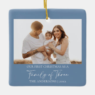 Modern Custom 2 Photo Family First Christmas Blue Ceramic Ornament