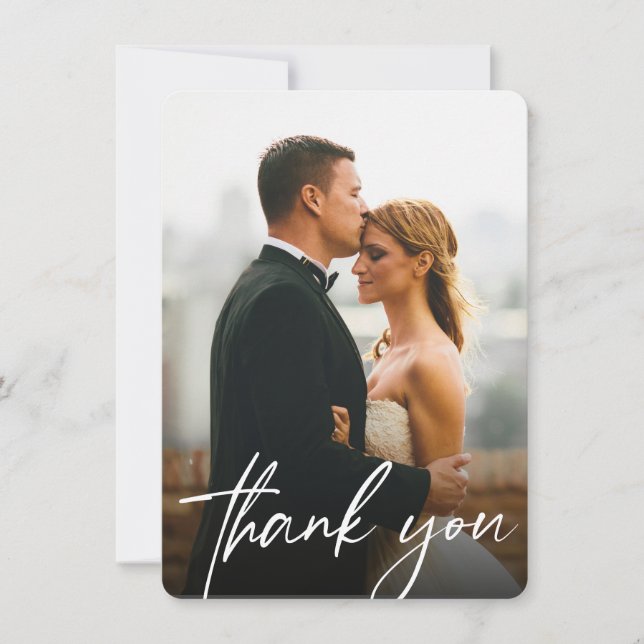 Modern Custom 2 Wedding Photos Simple Thank You Card (Front)