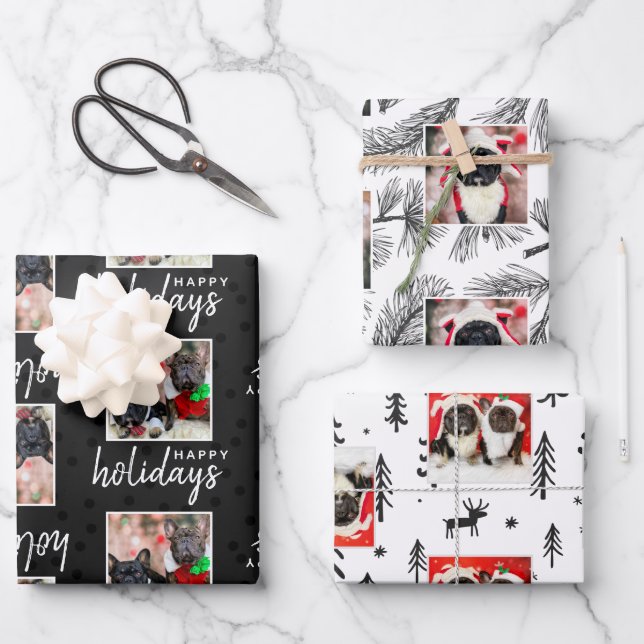 Modern Custom 3 Photo Pet Dog Holiday Wrapping Paper Sheets (Front)
