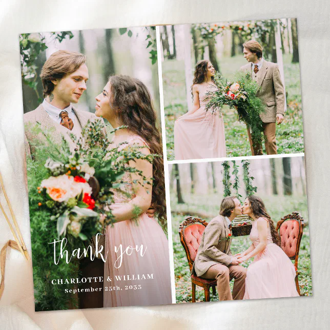 Modern Custom 3 Photo Simple Minimalist Wedding Thank You Card | Zazzle