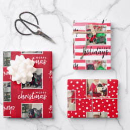 Modern Custom 4 Photo Pet Dog Holiday Red Wrapping Paper Sheets