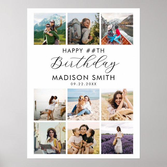 Modern Custom Age Happy Birthday Photo Collage Poster (Front)