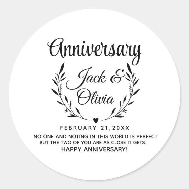 Modern Custom Anniversary Couple Name Date Black Classic Round Sticker (Front)