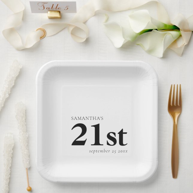 Modern Custom Any Color 21st Name Date Paper Plates (Wedding)