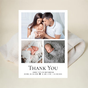 Modern Custom Baby 3 Photos Birth Stats Thank You Card