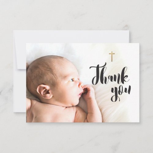 Modern Custom Baby Boy Photo Gold Cross Thank You Card