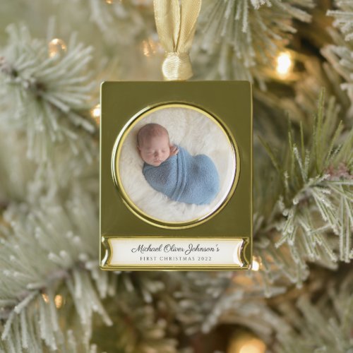 Modern Custom Baby First Christmas Photo Gold Plated Banner Ornament