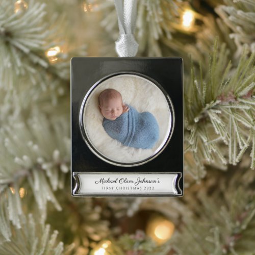 Modern Custom Baby First Christmas Photo Silver Plated Banner Ornament