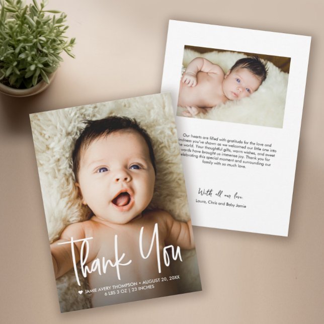 Modern Custom Baby Photo Birth Announcement  (Modern Thank you script baby shower photo birth announcement card.)