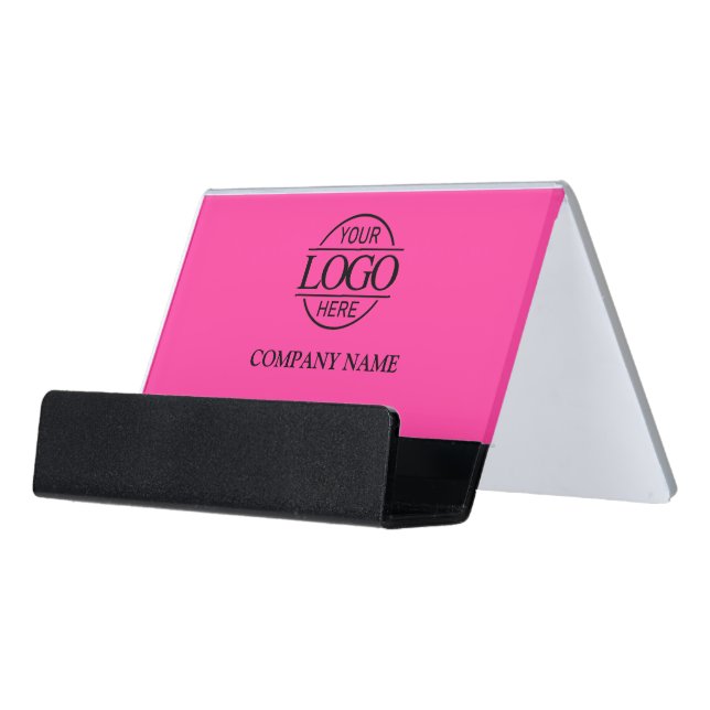 Modern Custom Bight Pink Company Business Logo Desk Business Card Holder (Angled Front)