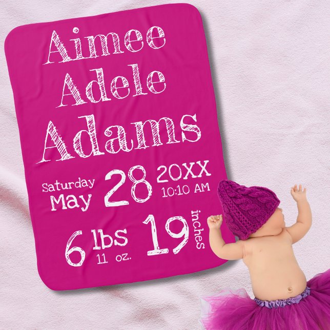 Modern Custom Birth Stats Baby Blanket | Magenta (Creator Uploaded)