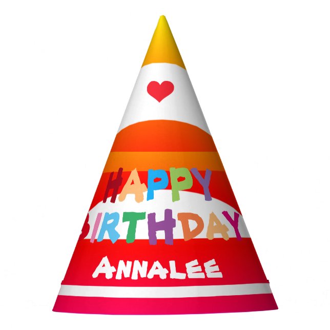 Modern Custom Birthday Name Cute Cool Colourful Party Hat (Front)