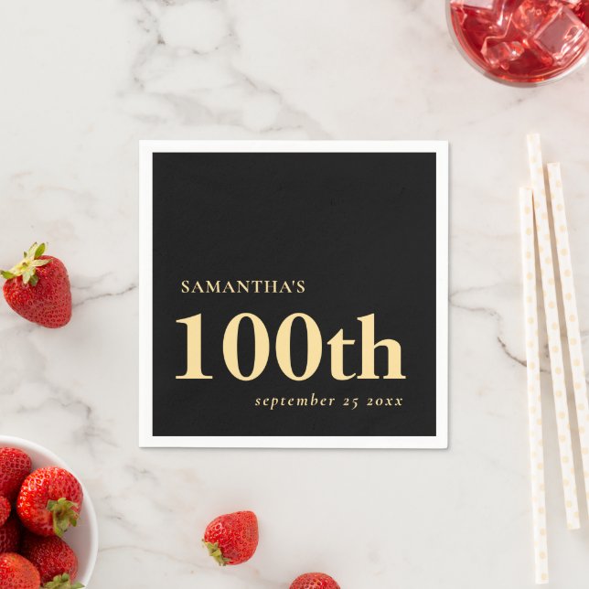 Modern Custom Black Gold 100th Name Date  Napkins (Insitu)