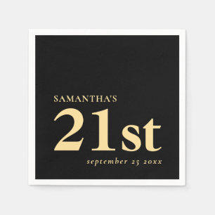 Modern Custom Black Gold 21st Name Date Napkins