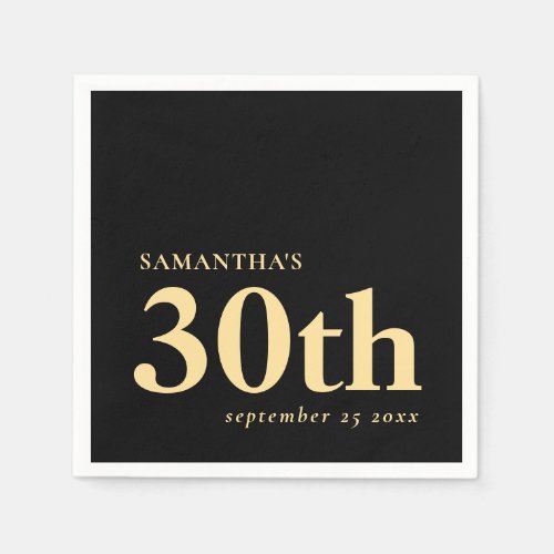 Modern Custom Black Gold 30th Name Date  Napkins