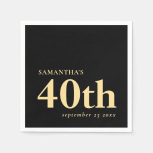Modern Custom Black Gold 40th Name Date  Napkins