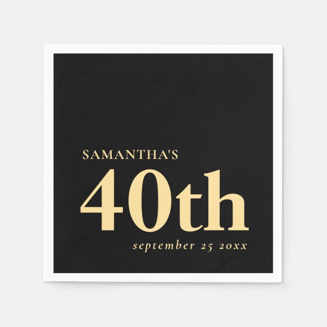 Modern Custom Black Gold 40th Name Date  Napkins (Front)