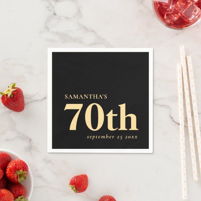 Modern Custom Black Gold 70th Name Date  Napkins (Insitu)