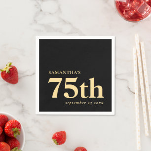 Modern Custom Black Gold 75th Name Date Napkins