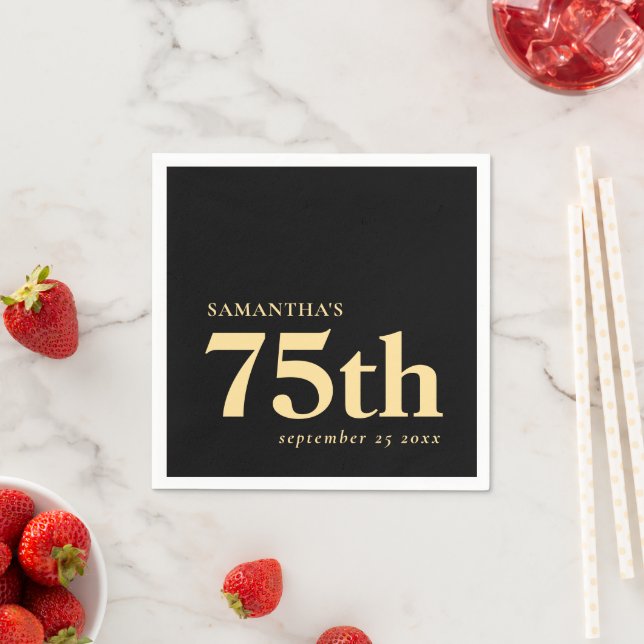 Modern Custom Black Gold 75th Name Date  Napkins (Insitu)