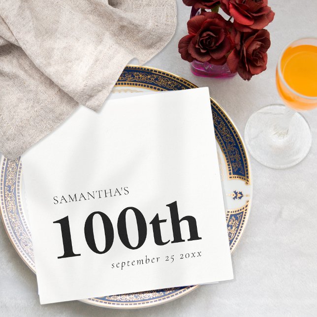 Modern Custom Black Text 100th Name Date  Napkins (Creator Uploaded)