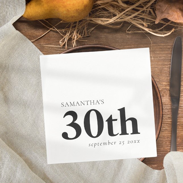Modern Custom Black Text 30th Name Date  Napkins (Creator Uploaded)