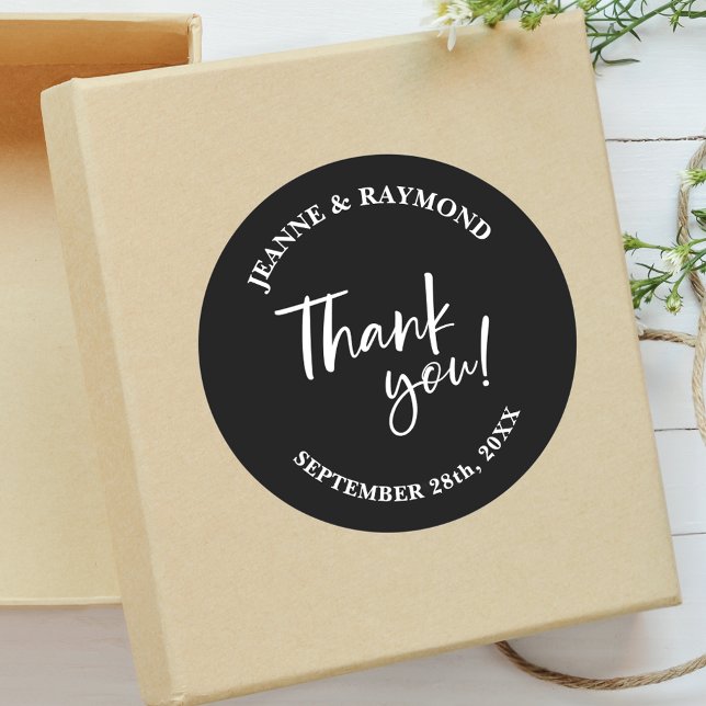 Modern Custom Black Thank You Script Wedding Favor Classic Round Sticker (Creator Uploaded)