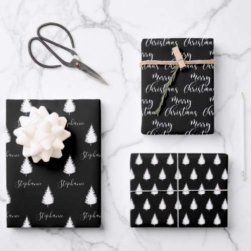 Modern Custom Black White Tree Merry Christmas Wrapping Paper Sheets