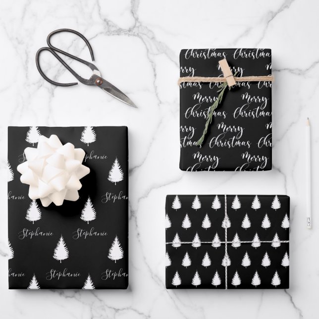 Modern Custom Black White Tree Merry Christmas Wrapping Paper Sheets (Front)