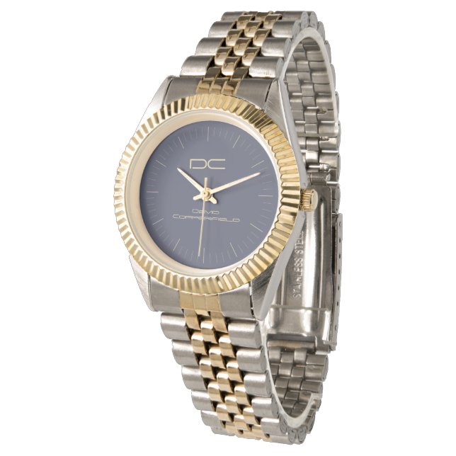 Modern Custom Blue Silver Gold Two-Tone Bracelet Watch (Angled)