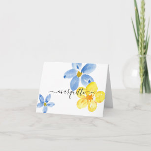 Modern Custom Blue Yellow Watercolor Flower Note Card