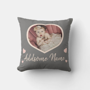 Modern Custom Blush Pink Gray Baby Photo Heart Throw Pillow