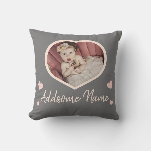 Modern Custom Blush Pink Gray Baby Photo Heart  Throw Pillow