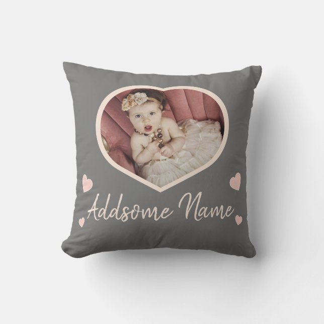 Modern Custom Blush Pink Gray Baby Photo Heart  Throw Pillow (Front)