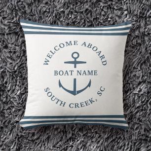 Modern Custom Boat Name Welcome Aboard Anchor Chic Throw Pillow