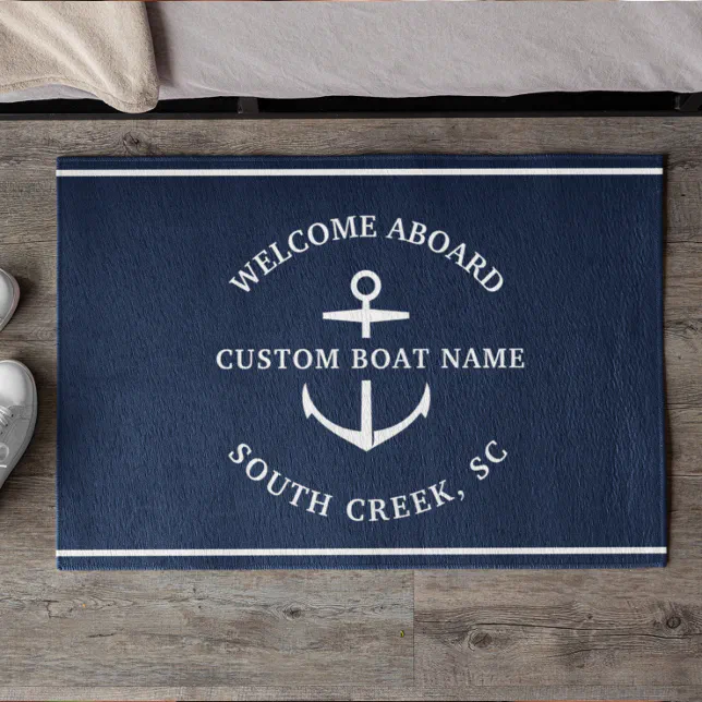 Modern Custom Boat Name Welcome Aboard Anchor Doormat | Zazzle