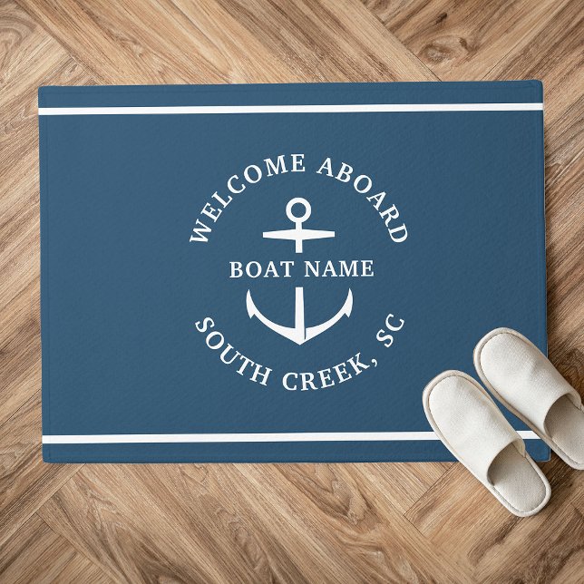 Modern Custom Boat Name Welcome Aboard Anchor Doormat (Creator Uploaded)