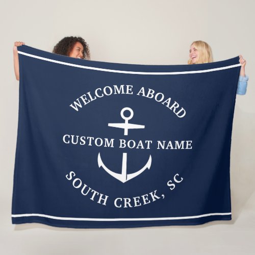 Modern Custom Boat Name Welcome Aboard Anchor Fleece Blanket