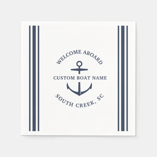 Modern Custom Boat Name Welcome Aboard Anchor Napkins (Front)